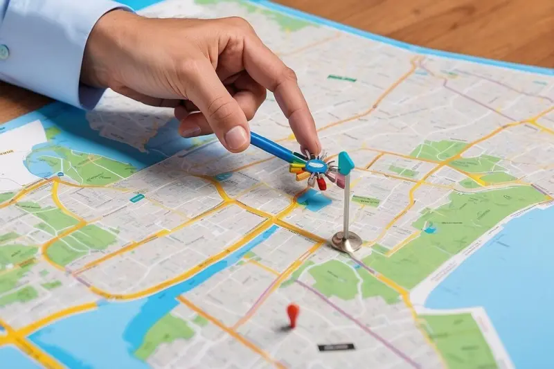 Hand places colorful pins on city map to plan spots where local businesses soar after joining our business directory